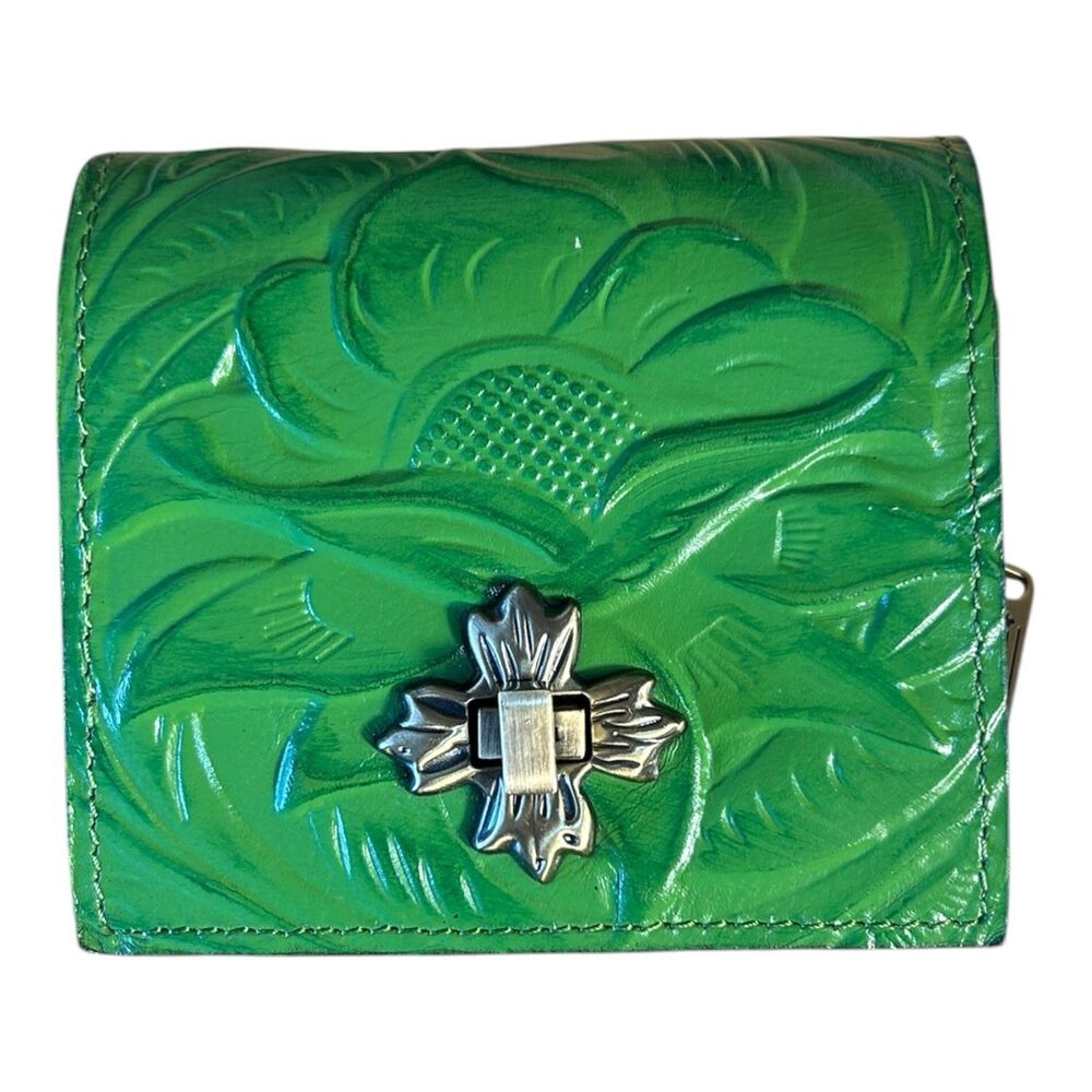 Patricia Nash Maida Green Tooled Leather Trifold Wallet Floral EUC 4.25x4"